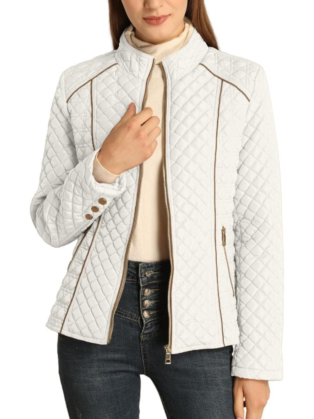 Women's White Fleece-Lined Front Zipper Diamond Quilted Puffer Winter Jacket